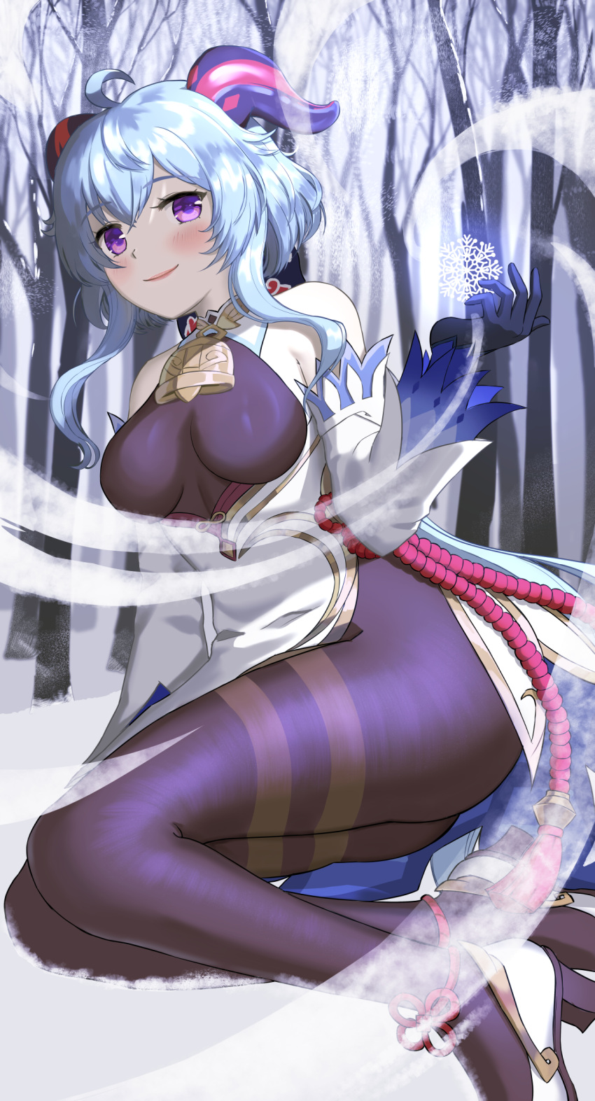 1girl, ahoge, bare_shoulders, black_gloves, blue_hair, breasts, ganyu_(genshin_impact), genshin_impact, gloves, goat_horns, highres, horns, long_hair, looking_at_viewer, pantyhose, sayuui, solo, violet_eyes