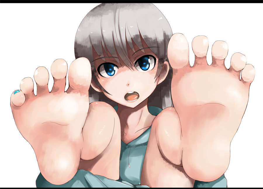 blue_eyes, eila_ilmatar_juutilainen, feet, hoodie, legs_up, long_hair, nail_polish, open_mouth, pov_feet, rosettastone, silver_hair, soles, strike_witches