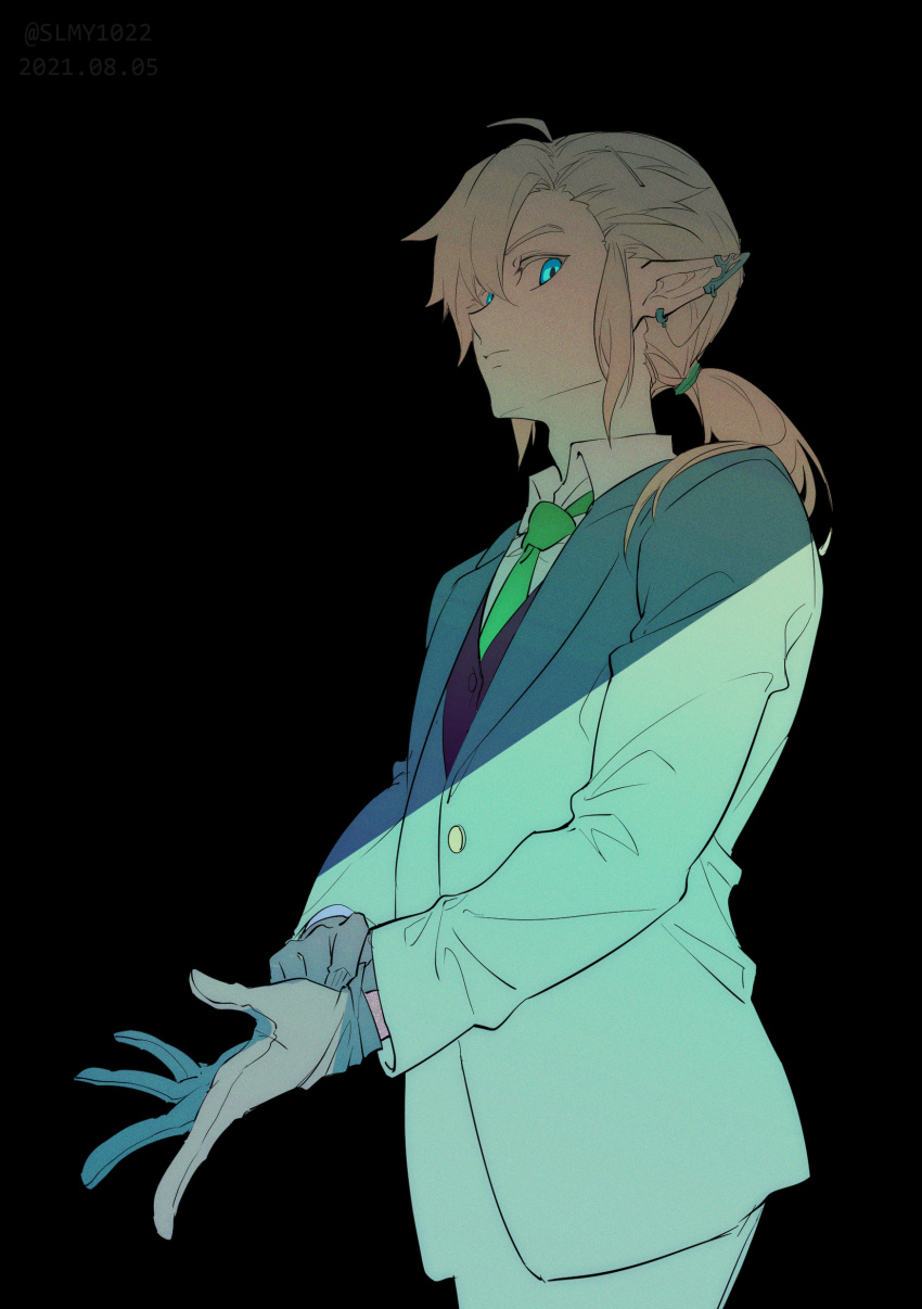 1boy, absurdres, adjusting_clothes, adjusting_gloves, alternate_costume, bangs, black_background, black_vest