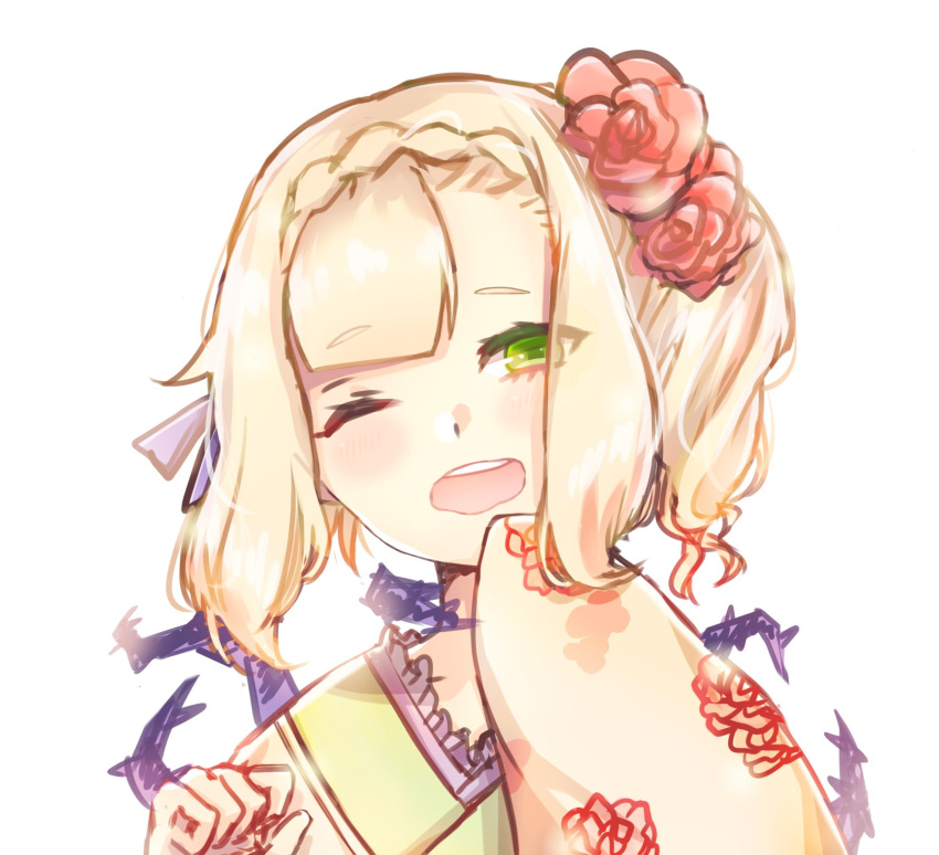 1girl, :o, bangs, blonde_hair, braid, briar_rose_(sinoalice), flower, green_eyes