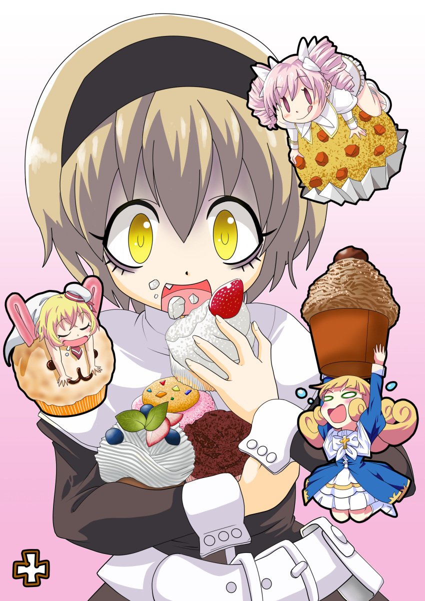 4girls, absurdres, belt, black_shirt, blonde_hair, blue_dress, cookie, cupcake