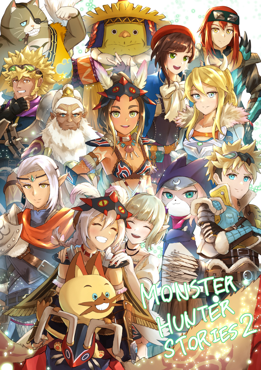 absurdres, anzo_(anzu_elichi0928), arm_tattoo, ayuria, cheval, ena_(monster_hunter), fang_necklace, fewer_digits, highres, jewelry, kayna_(monster_hunter), lilia_(monster_hunter), mask, mask_on_head, monster_hunter_(series), monster_hunter_stories, monster_hunter_stories_2, multiple_boys, multiple_girls, naville_(monster_hunter_stories), neck_ring, protagonist_(mhs2), rathalos, shell_necklace, stomach_tattoo, tattoo, tooth_necklace, tribal, tribal_tattoo, tsukino_(monster_hunter)