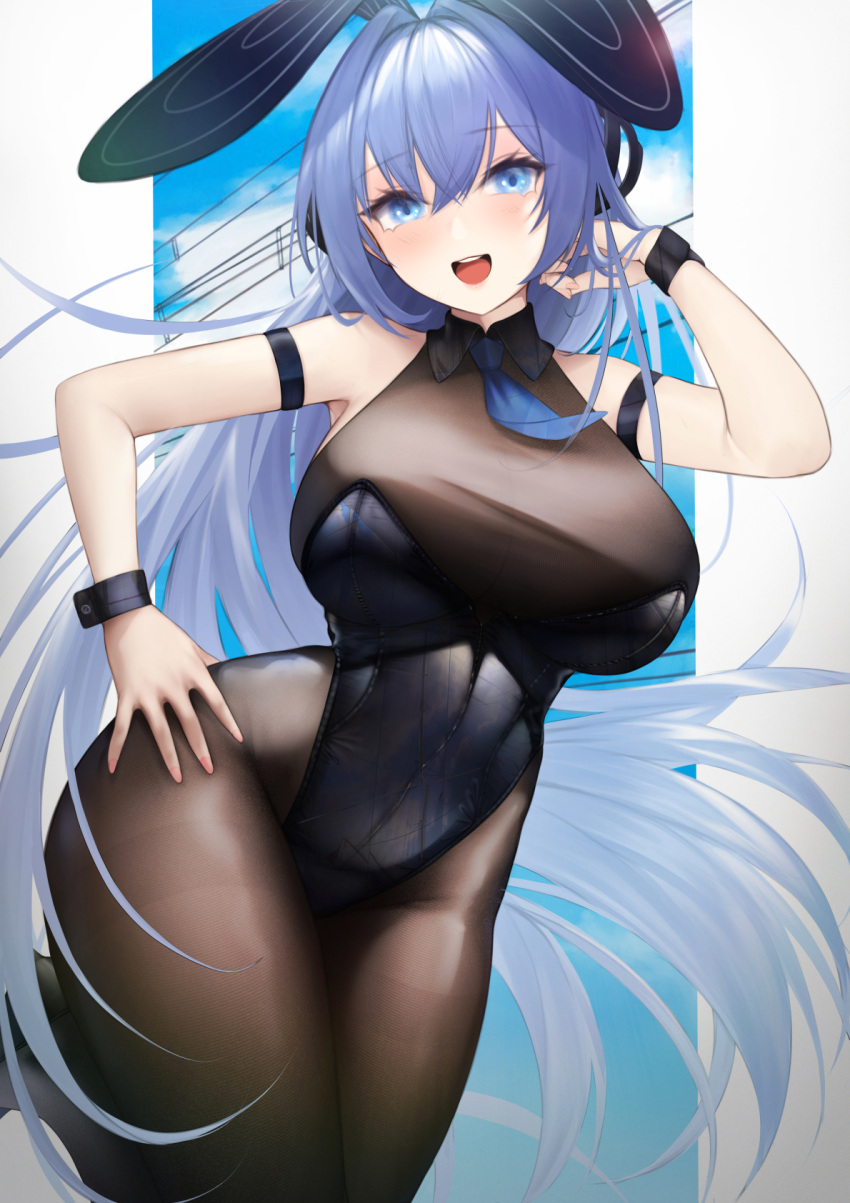1girl, :d, animal_ears, armband, azur_lane, bare_shoulders, black_leotard, blue_eyes