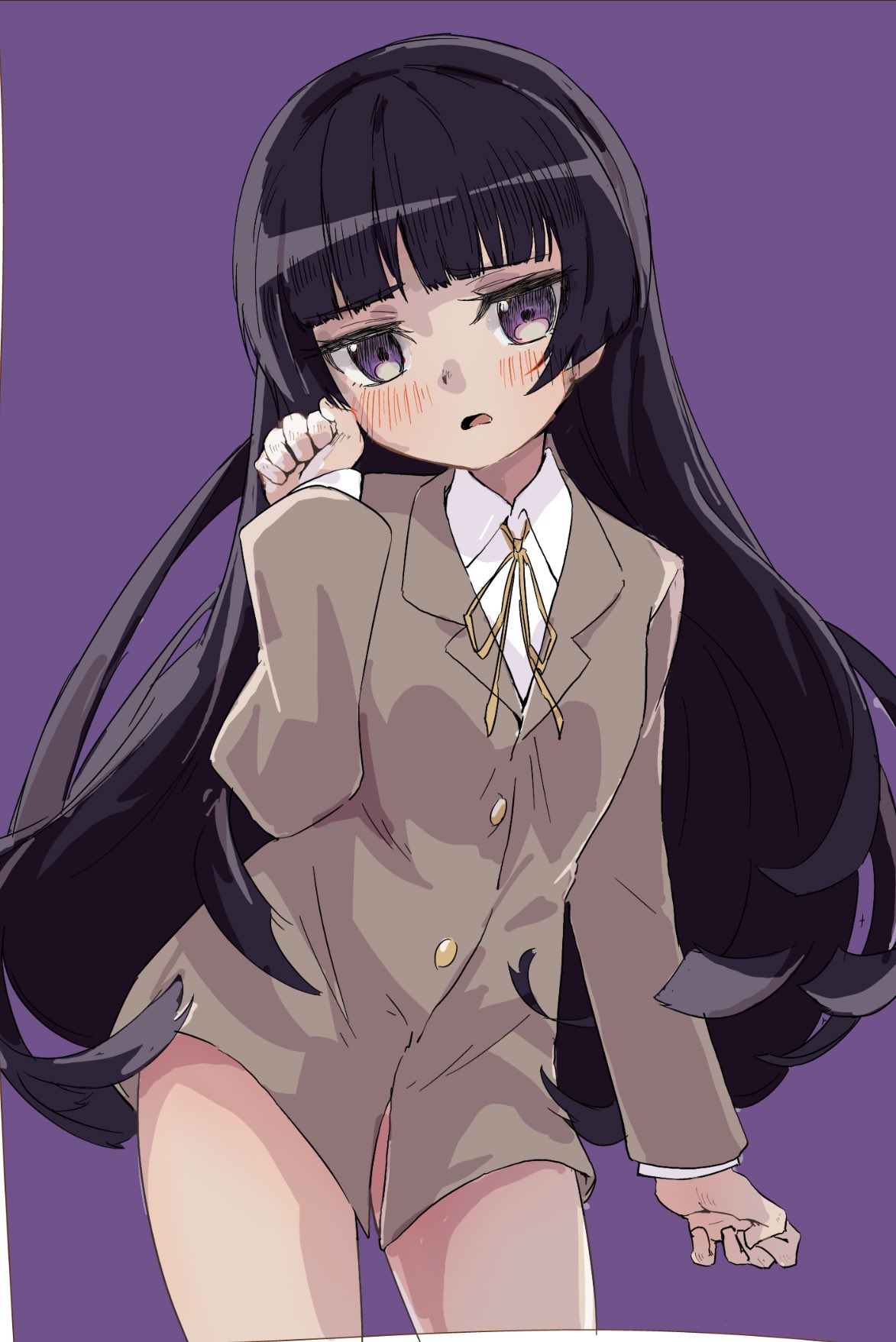 black_hair, blush, bottomless, brown_jacket, gokou_ruri, highres, hime_cut, jacket, open_mouth, ore_no_imouto_ga_konna_ni_kawaii_wake_ga_nai, paw_pose, purple_background, ribbon, sadarann, school_uniform, shirt, violet_eyes, white_shirt, yellow_ribbon