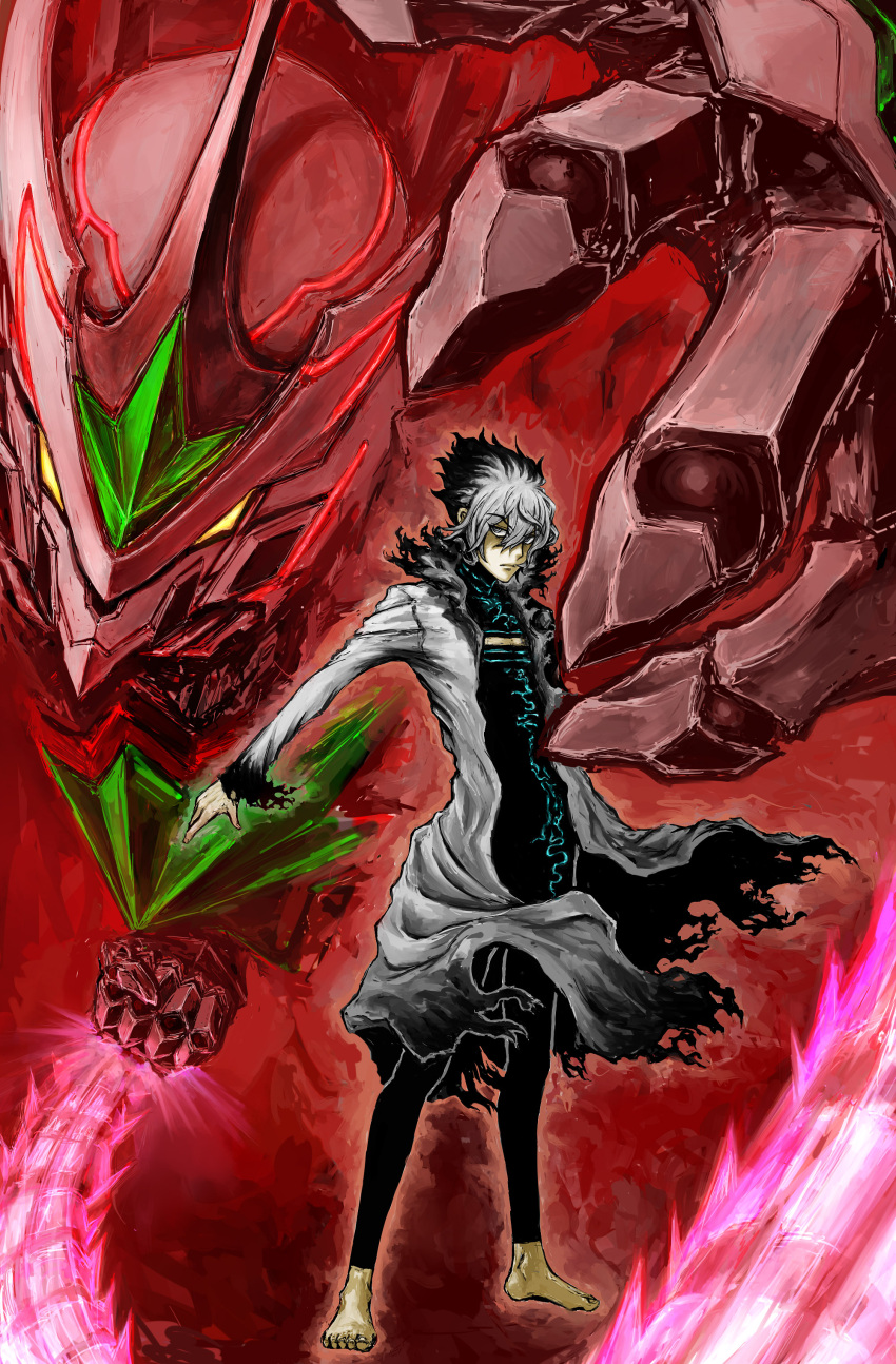 1boy, absurdres, barefoot, black_bodysuit, black_hair, bodysuit, clenched_hand, didalion