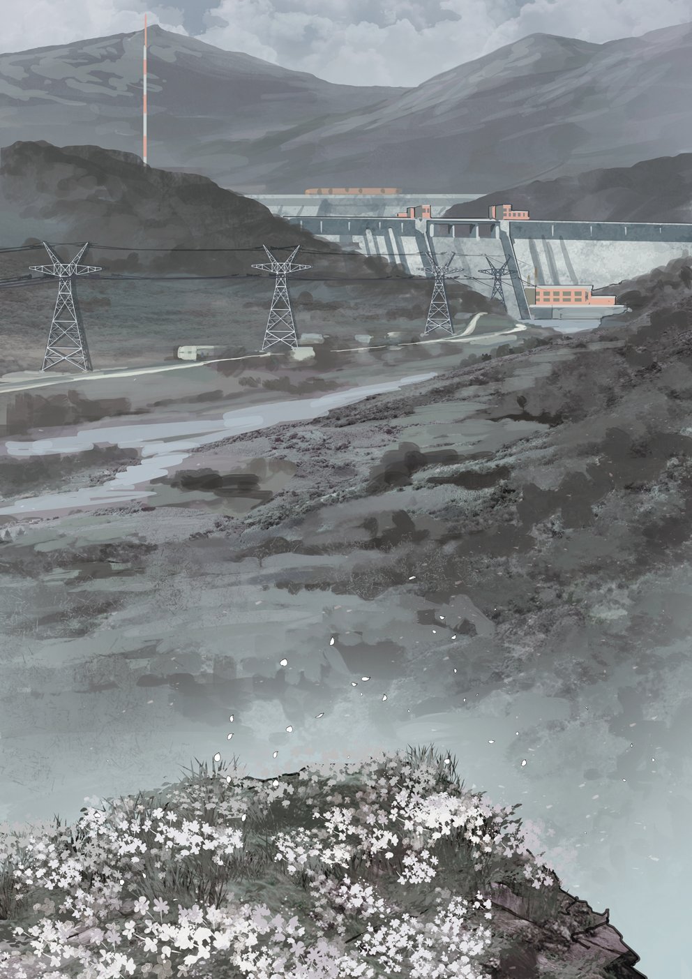 asterisk_kome, building, cliff, clouds, dam, flower, grass, highres