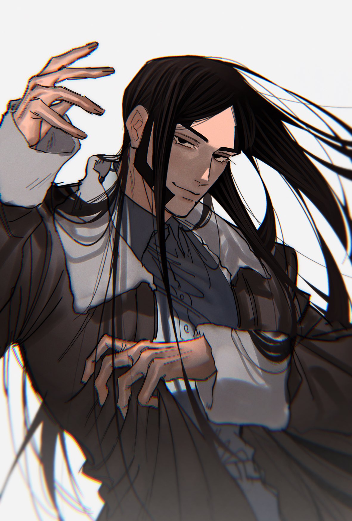 1boy, ant_(wip_0011), black_eyes, black_hair, coat, golden_kamuy, hand_up, highres, long_hair, long_sleeves, looking_at_viewer, male_focus, oosawa_fusatarou, sideburns, simple_background, solo, upper_body, white_background