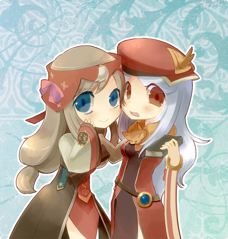 2girls, animal_around_neck, aura_(a440), bangs, blue_eyes, blush, book, breasts