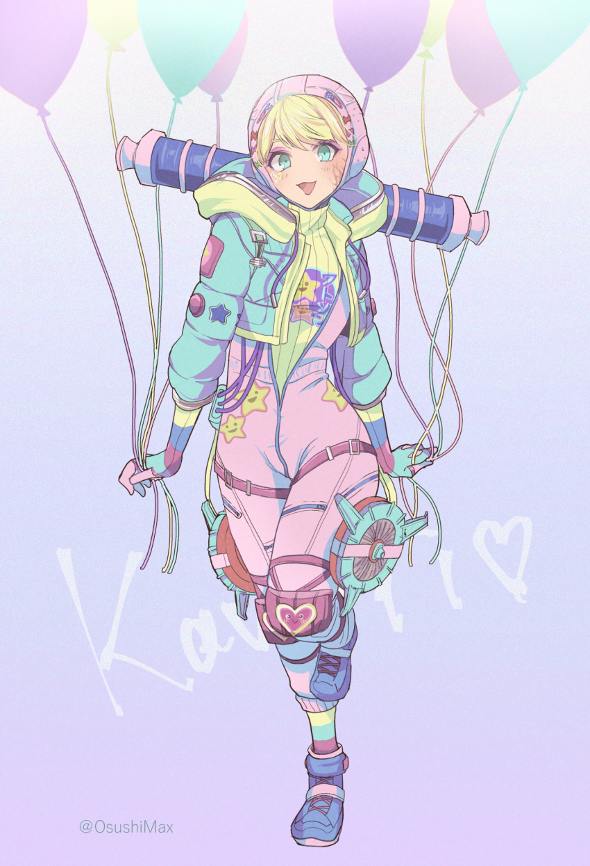 apex_legends, balloon, bangs, blonde_hair, blue_eyes, blue_footwear, blue_jacket, blush