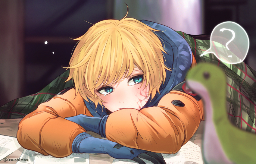 1girl, ?, apex_legends, artist_name, bangs, blanket, blonde_hair, blue_eyes, blue_gloves, blurry, blurry_background, eyebrows_visible_through_hair, gloves, highres, hood, hooded_jacket, jacket, leaning_forward, nessie_(respawn), orange_jacket, osushimax, plaid_blanket, scar, scar_on_cheek, scar_on_face, solo, speech_bubble, spoken_question_mark, stuffed_toy, wattson_(apex_legends)