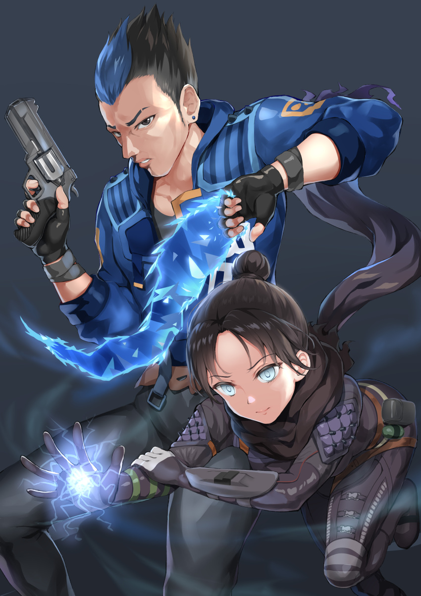 1boy, 1girl, absurdres, apex_legends, bangs, black_bodysuit, black_gloves, black_hair