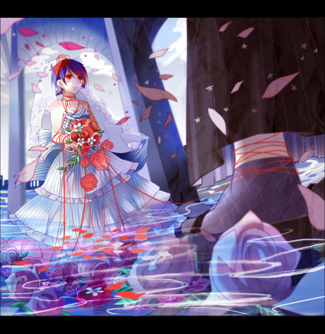 1boy, 1girl, alternate_color, alternate_eye_color, arch, back_bow, bare_arms, black_hakama