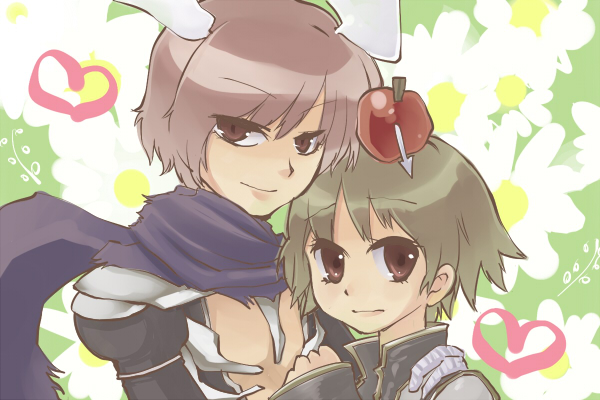 2boys, apple, apple_on_head, armor, arrow_(projectile), arrow_through_apple, assassin_cross_(ragnarok_online), aura_(a440)