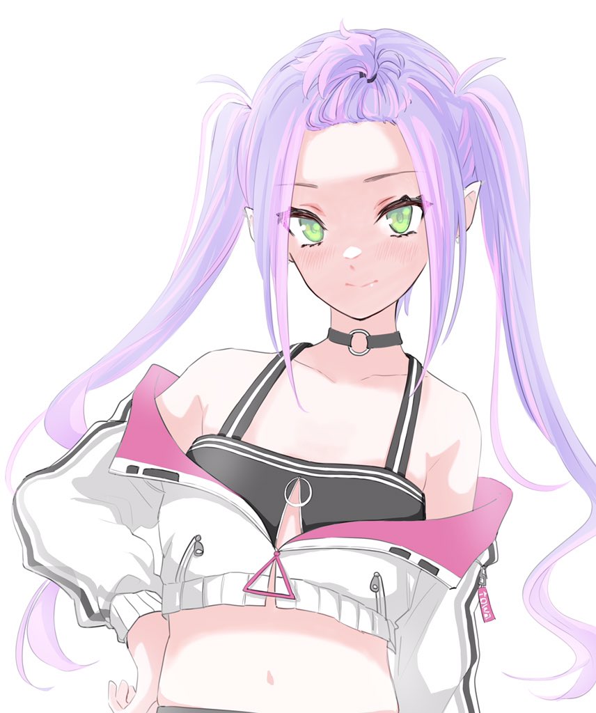 1girl, alternate_hairstyle, bangs_pinned_back, black_choker, choker, collarbone, crop_top, cropped_jacket, hair_behind_ear, hololive, jacket, kitoboshi, long_hair, looking_at_viewer, navel, o-ring, o-ring_choker, off_shoulder, pointy_ears, smile, solo, tokoyami_towa, twintails, upper_body, virtual_youtuber, white_background, white_jacket