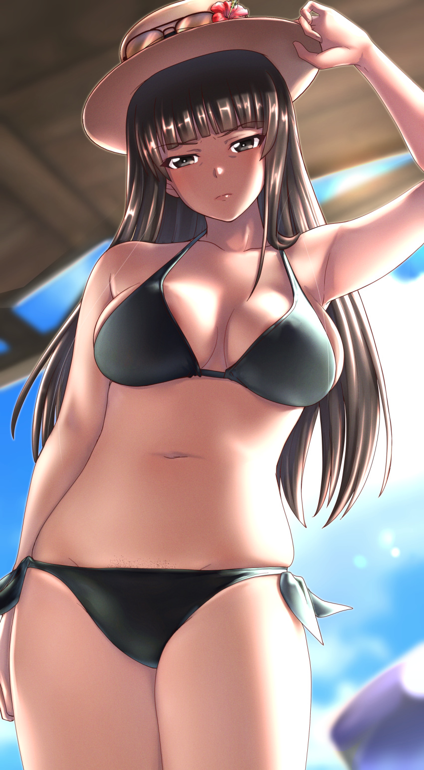 1girl, adjusting_clothes, adjusting_headwear, bangs, bikini, black_bikini, black_eyes, black_hair