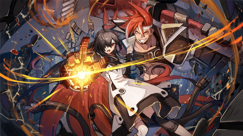 1boy, 1girl, abs, ahoge, alchemy_stars, bandage_over_one_eye, bandaged_leg, bandages
