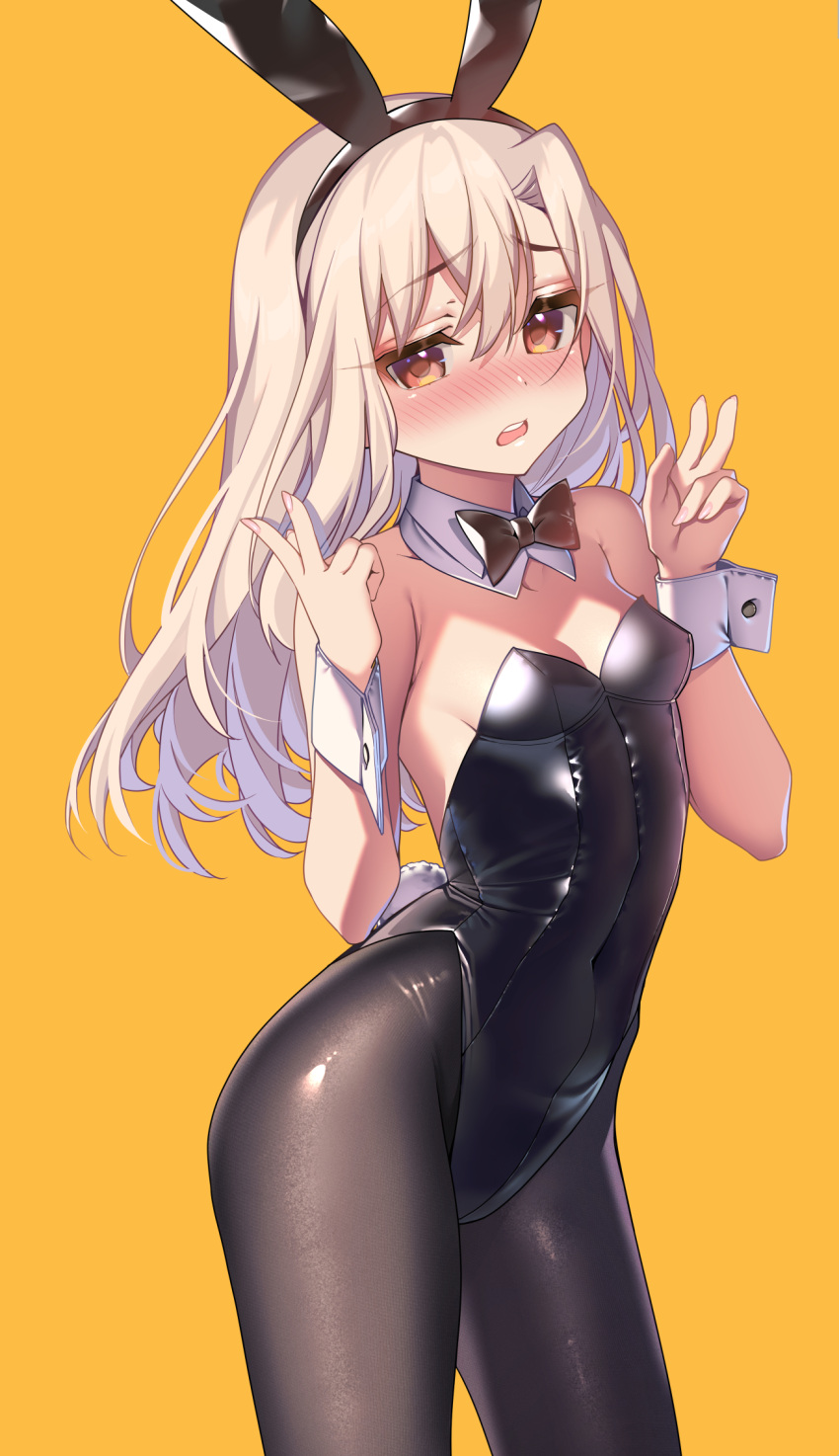 1girl, animal_ears, bangs, bare_shoulders, black_legwear, black_leotard, blush, bow
