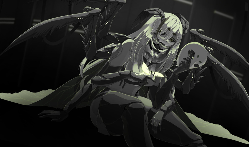 1girl, arm_support, arthropod_girl, black_sclera, bug, chiton, colored_sclera, english_commentary