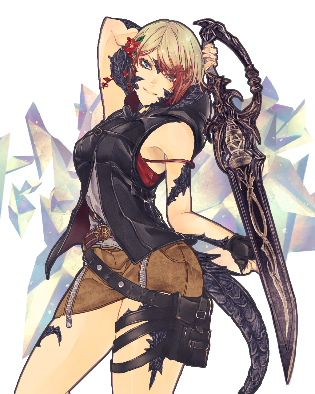 1girl, arm_behind_head, arm_up, au_ra, bare_arms, bare_shoulders, belt, black_horns, blonde_hair, blue_eyes, closed_mouth, commentary_request, dragon_girl, dragon_horns, dragon_tail, fictional_persona, final_fantasy, final_fantasy_xiv, fingerless_gloves, flower, gloves, gunblade, gunbreaker_(final_fantasy), hair_flower, hair_ornament, hair_over_one_eye, highres, holding, holding_weapon, hood, hood_down, hooded_jacket, horns, jacket, lips, medium_hair, microskirt, multicolored_hair, pencil_skirt, pose, pouch, redhead, rolling_anco, scales, shirt, skirt, sleeveless, sleeveless_jacket, smile, solo, strap_slip, tail, thigh_pouch, thigh_strap, two-tone_hair, weapon, zipper, zipper_pull_tab, zipper_skirt