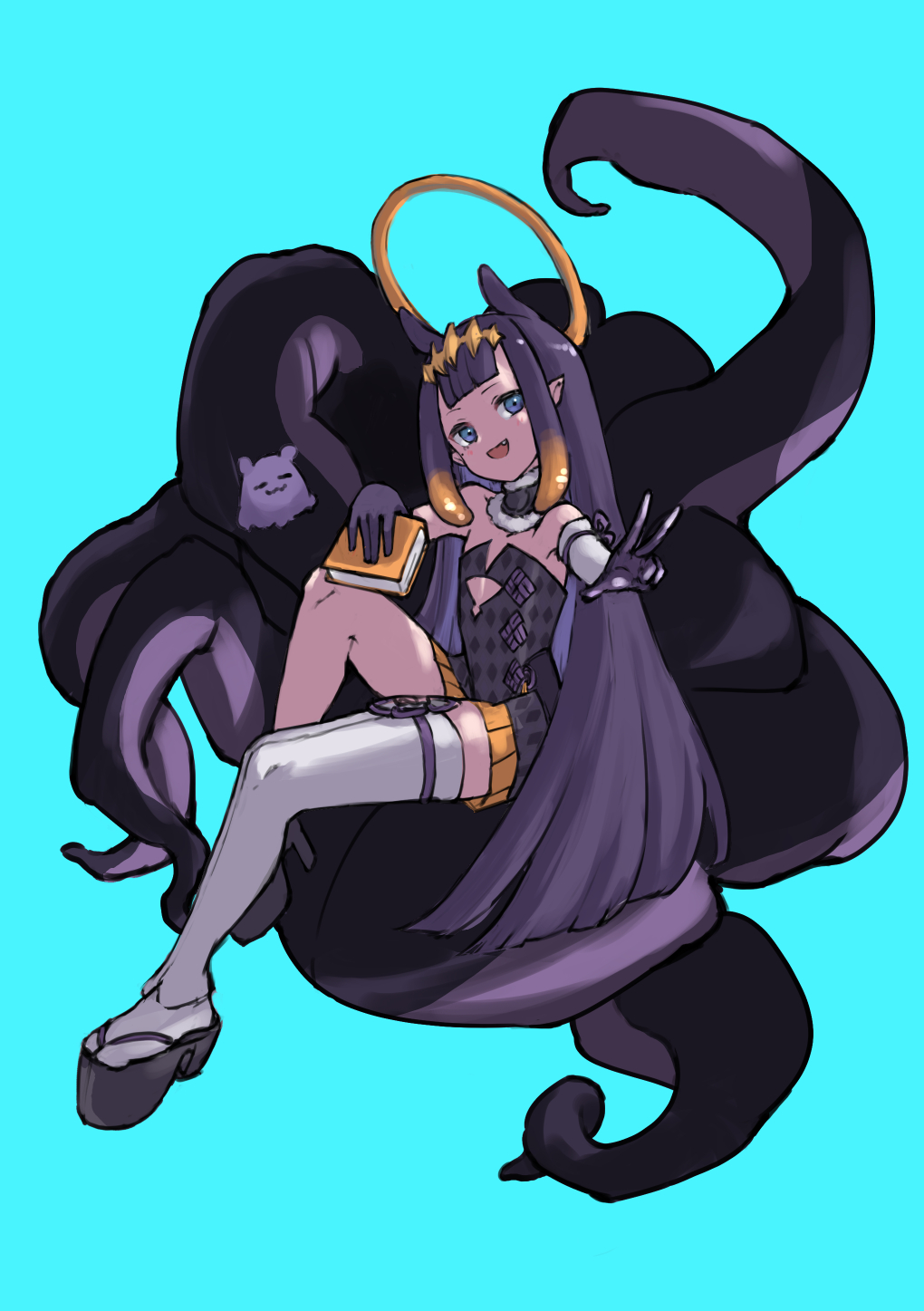 1girl, bare_shoulders, black_choker, blue_background, blue_eyes, book, choker, creature