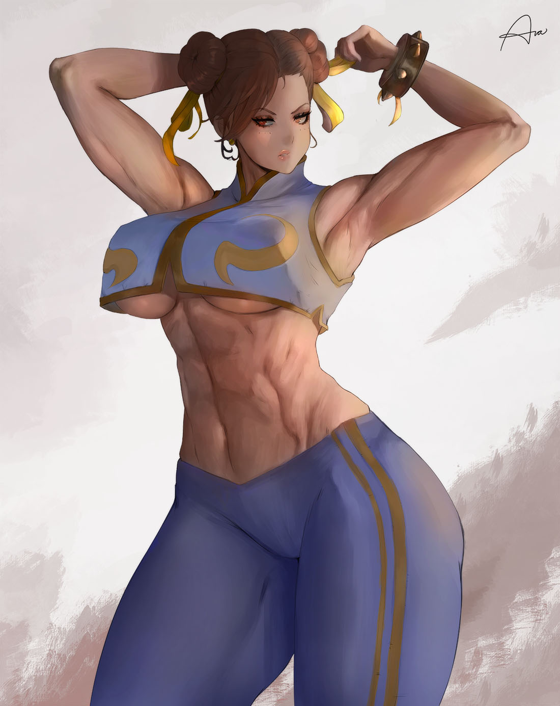 1girl, abs, araneesama, bracelet, breasts, brown_eyes, brown_hair, chun-li