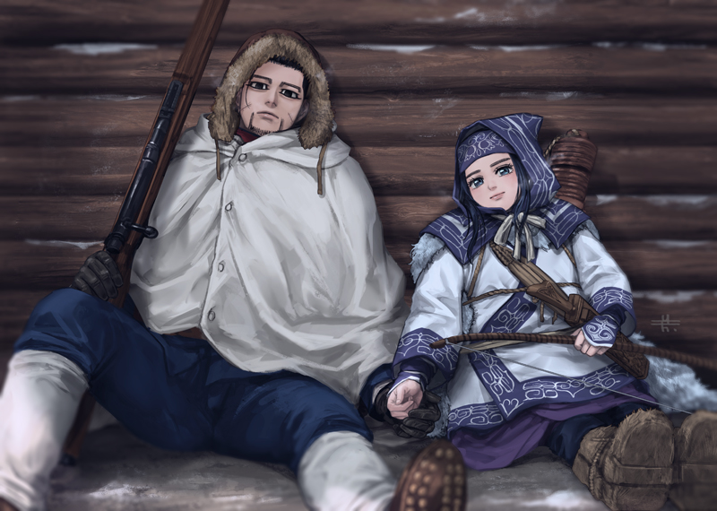 1boy, 1girl, against_wall, ainu_clothes, asirpa, beard, black_eyes, black_hair