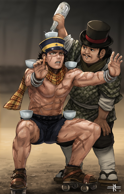 2boys, black_headwear, black_pants, blue_shorts, bottle, bracelet, clenched_teeth, facial_hair