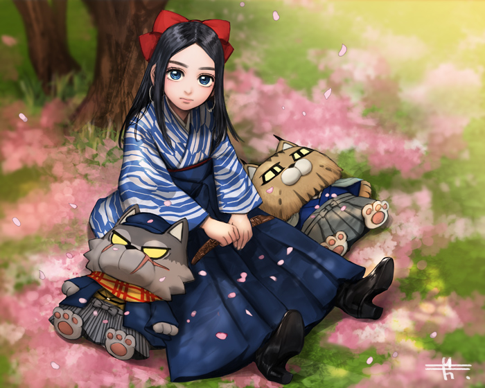 1girl, alternate_costume, asirpa, bangs, black_footwear, black_hair, blue_eyes, blue_hakama