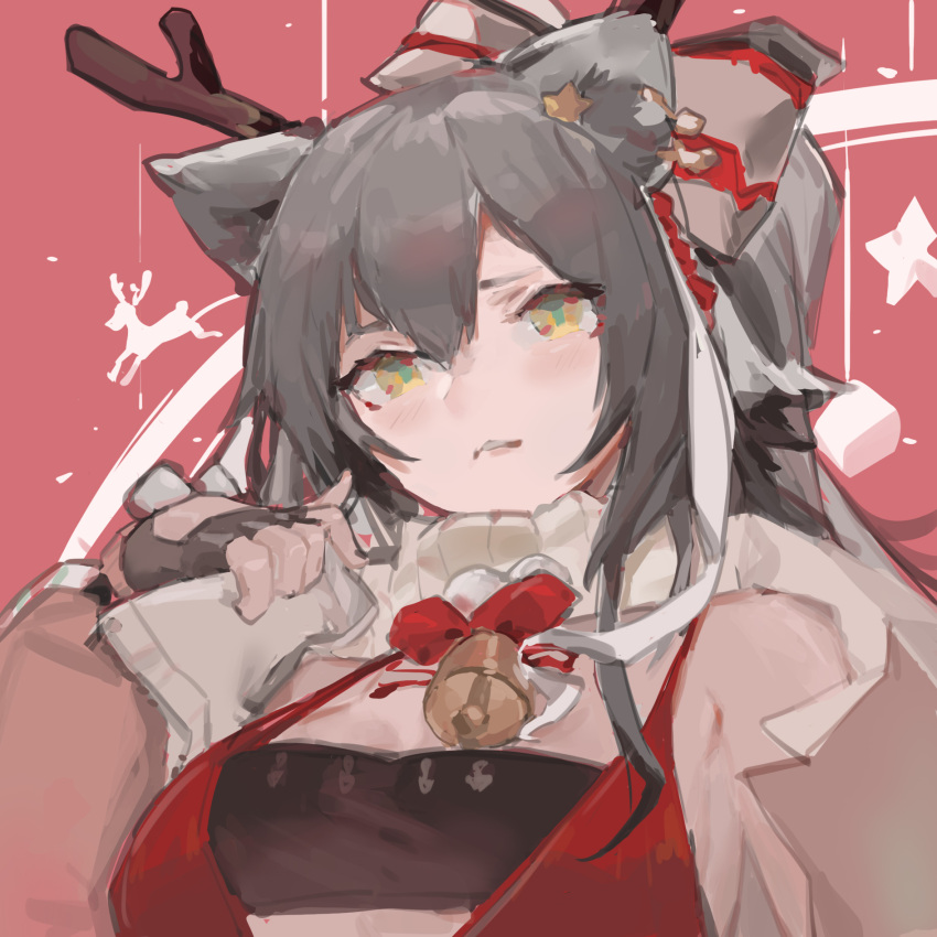 1girl, animal_ears, antlers, arknights, bandeau, bell, black_bandeau, black_gloves