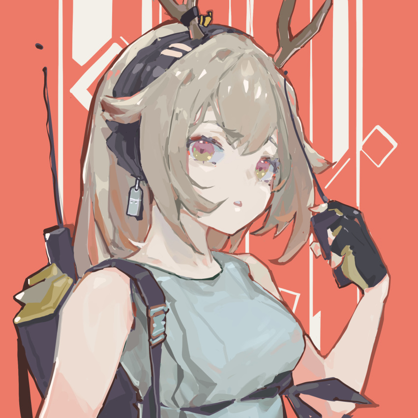 1girl, arknights, bangs, bare_arms, black_gloves, black_hairband, brown_hair, commentary