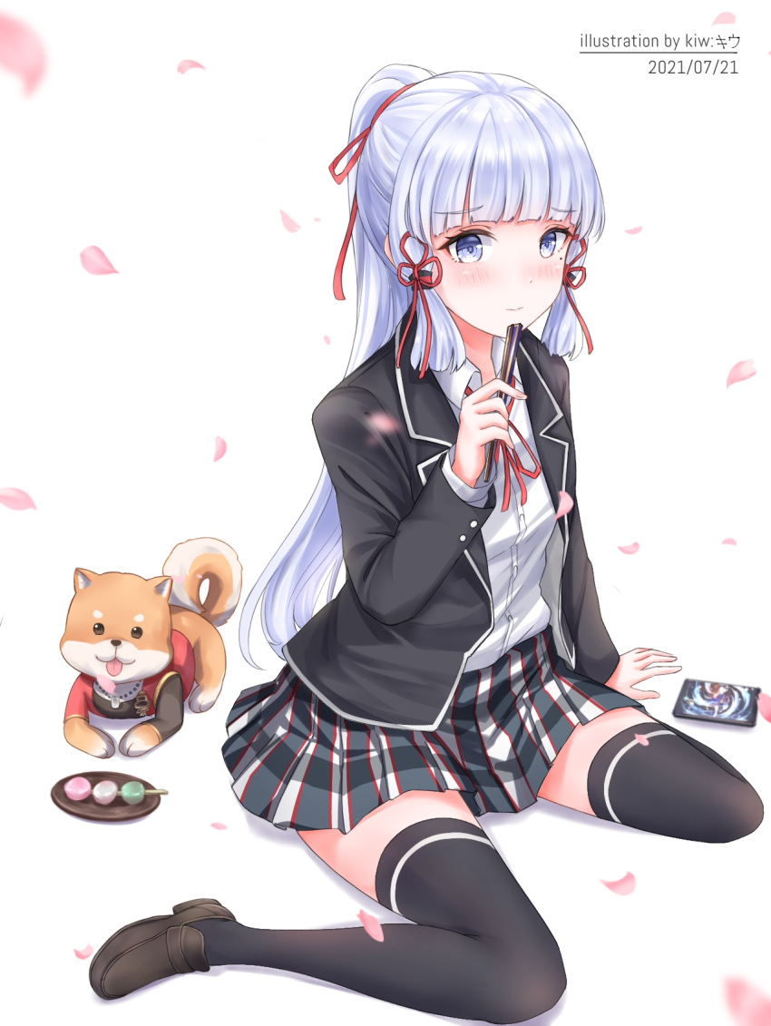 1girl, artist_name, bangs, black_jacket, black_legwear, blue_eyes, blunt_bangs, blush