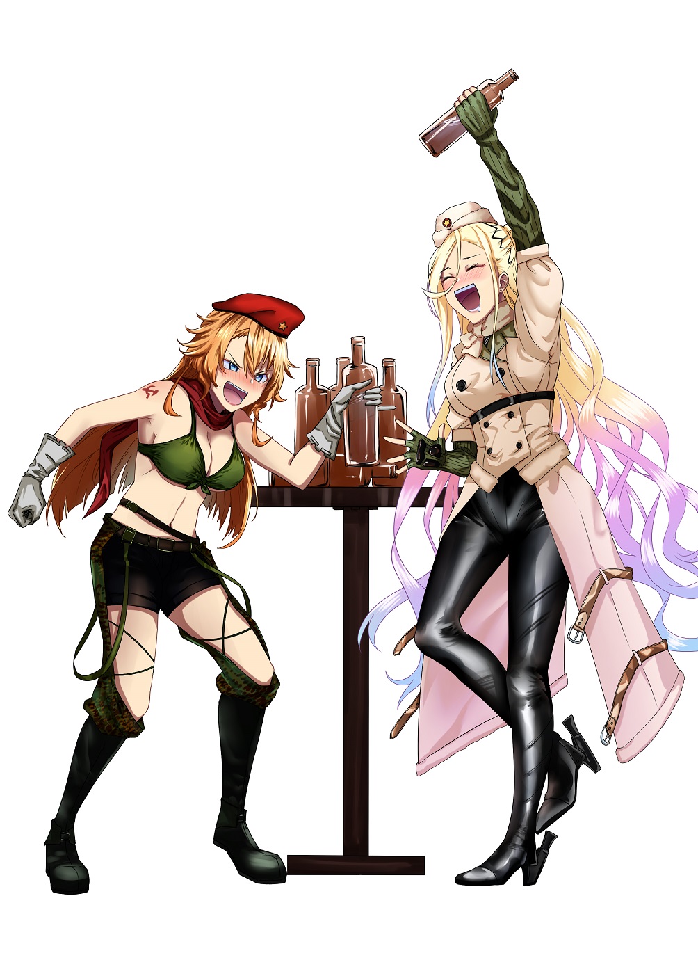 2girls, a-91_(girls_frontline), ak-47_(girls_frontline), beret, black_footwear, black_pants, black_shorts, blonde_hair