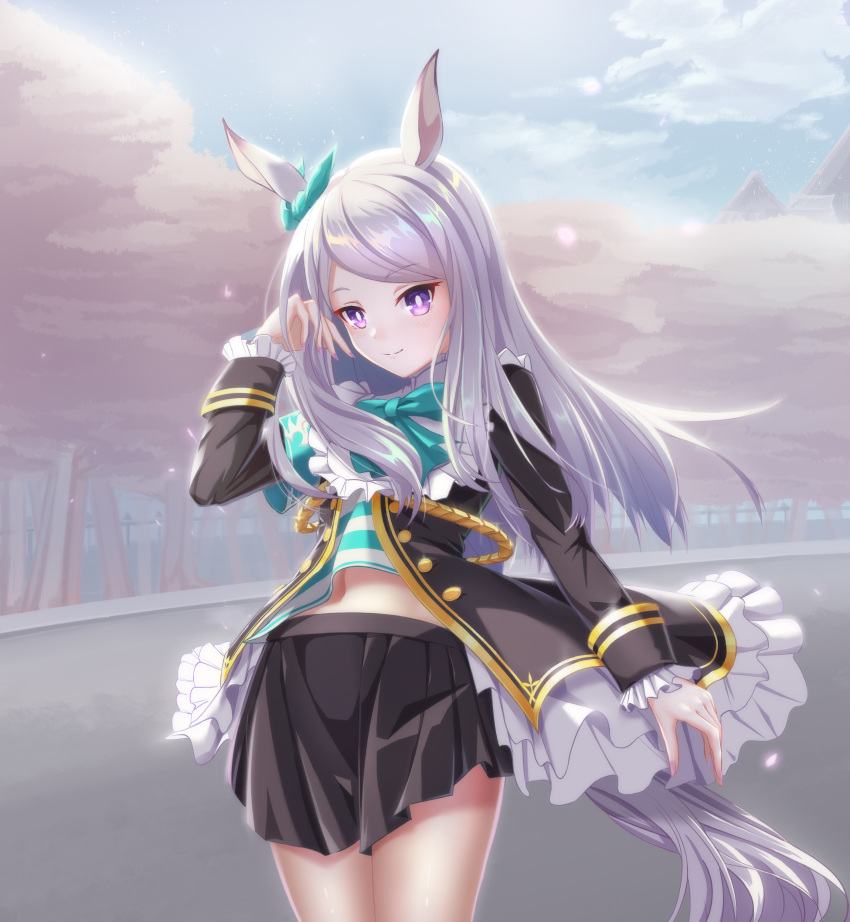 1girl, absurdres, adjusting_hair, animal_ears, blurry, blurry_background, hair_ornament, highres