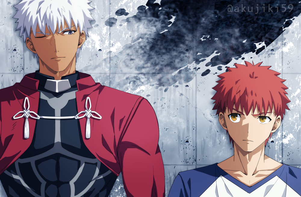2boys, akujiki59, alternate_hairstyle, archer_(fate), bangs, covered_abs, dark-skinned_male, dark_skin, emiya_shirou, fate/stay_night, fate_(series), glaring, height_difference, looking_at_another, male_focus, multiple_boys, muscular, muscular_male, official_style, one_eye_closed, orange_hair, pectorals, short_hair, shrug_(clothing), spiky_hair, upper_body, white_hair