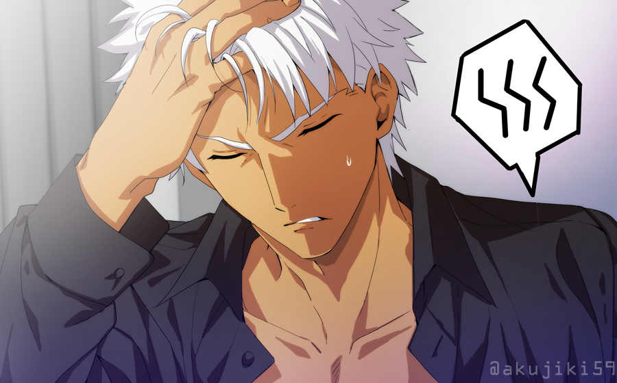 1boy, akujiki59, archer_(fate), black_shirt, casual, closed_mouth, collarbone, collared_shirt, dark-skinned_male, dark_skin, fate/stay_night, fate_(series), hand_in_hair, hand_on_own_head, male_focus, official_style, open_clothes, open_shirt, shirt, short_hair, solo, spiky_hair, sweatdrop, upper_body, white_hair