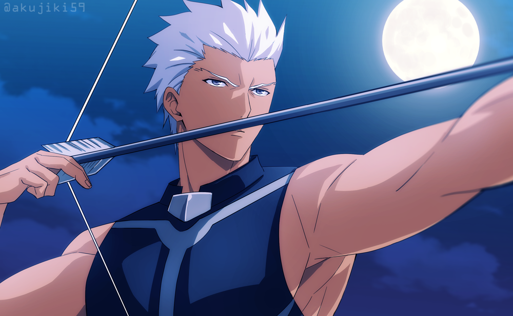 1boy, akujiki59, archer_(fate), armpits, bare_shoulders, bow_(weapon), dark-skinned_male, dark_skin