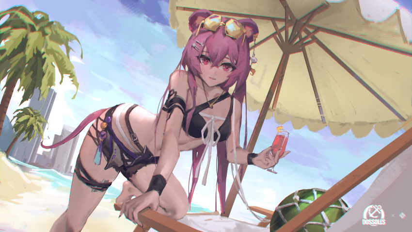 1girl, absurdres, animal_ears, arknights, ball, beach, beach_chair, beach_umbrella