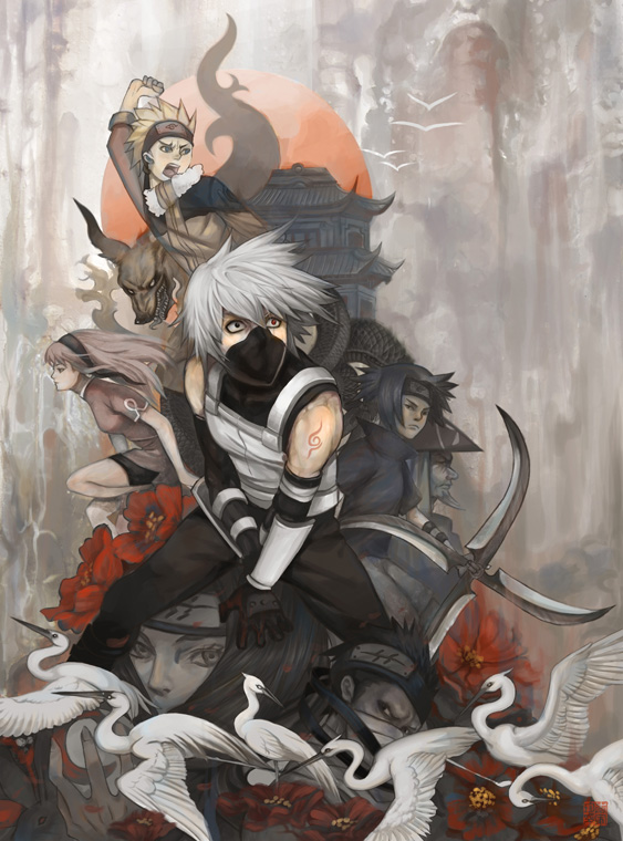 blonde_hair, castle, crane, crane_(animal), derlaine, flower, forehead_protector, haku_(naruto)