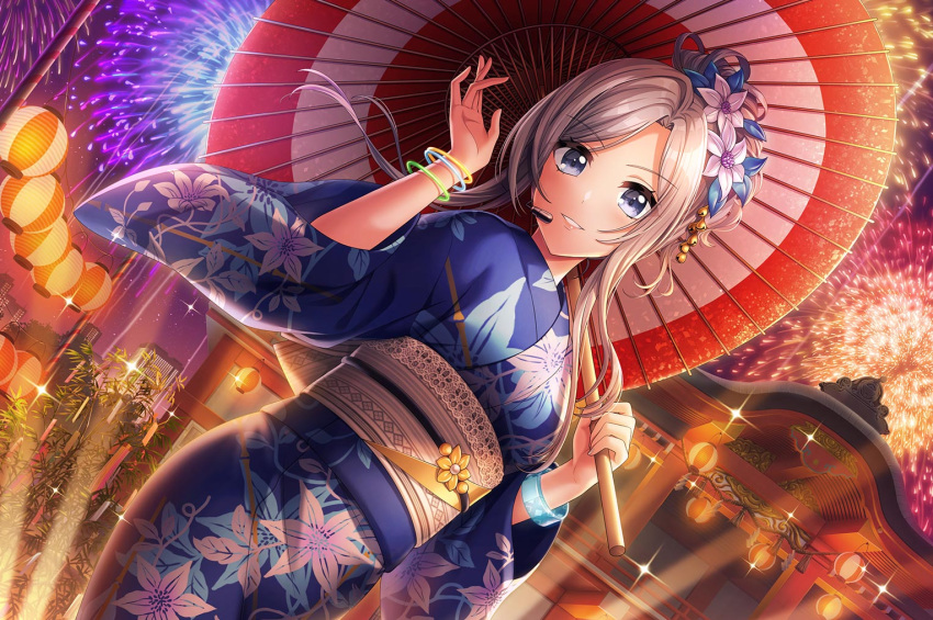 1girl, blue_eyes, blush, d4dj, grey_hair, kimono, long_hair, nijima_ibuki