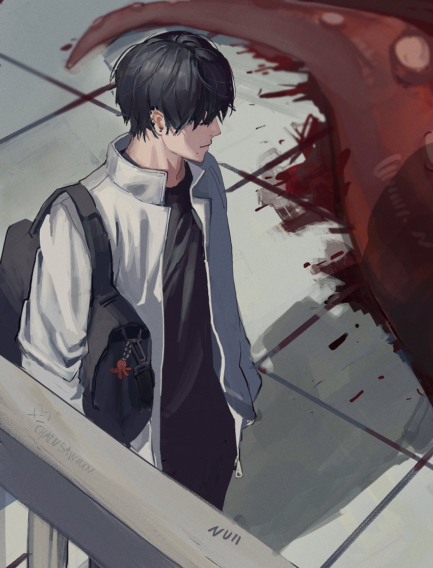 1boy, artist_name, bag, black_hair, black_shirt, blood, blood_splatter, chainsaw_man, closed_mouth, copyright_name, cowboy_shot, ear_piercing, hair_over_eyes, highres, jacket, keychain, long_sleeves, male_focus, mole, mole_under_mouth, null_(skev7724), piercing, shirt, short_hair, solo, standing, tentacles, white_jacket, yoshida_hirofumi