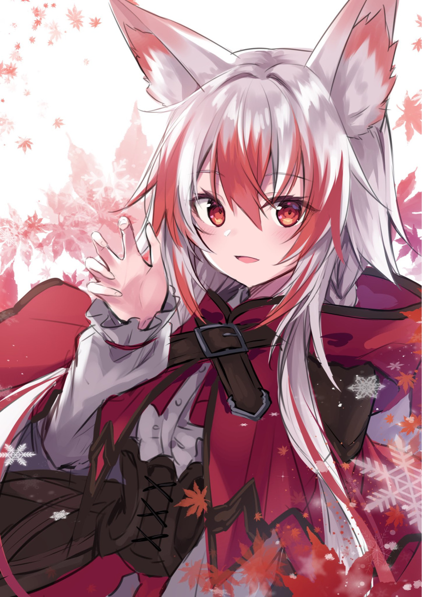 1girl, animal_ears, capelet, claw_pose, corset, fox_ears, highres, hood