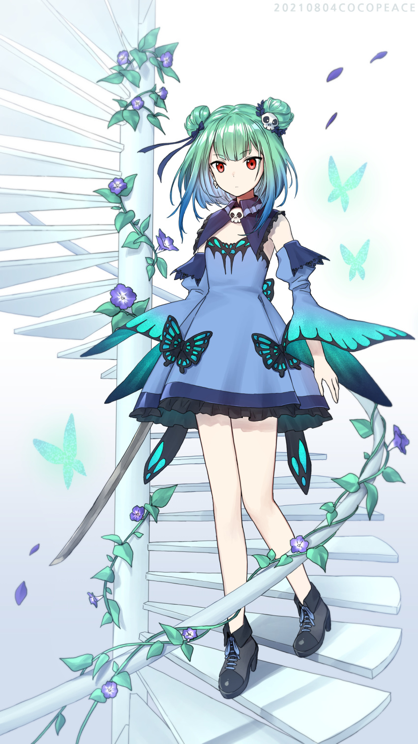 absurdres, blue_dress, blue_hair, blue_sleeves, bug, butterfly, cocopeace, detached_collar
