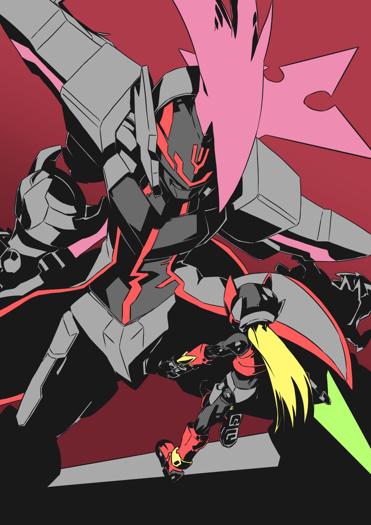 2boys, android, armor, battle, blonde_hair, energy_blade, energy_sword, gloves, glowing, helmet, highres, holding, holding_weapon, long_hair, luckyb, male_focus, mecha, mega_man_(series), mega_man_zero, mega_man_zero_3, multiple_boys, omega_(mega_man), pink_hair, purple_hair, red_background, robot, size_difference, sword, very_long_hair, visor, weapon, zero_(mega_man)