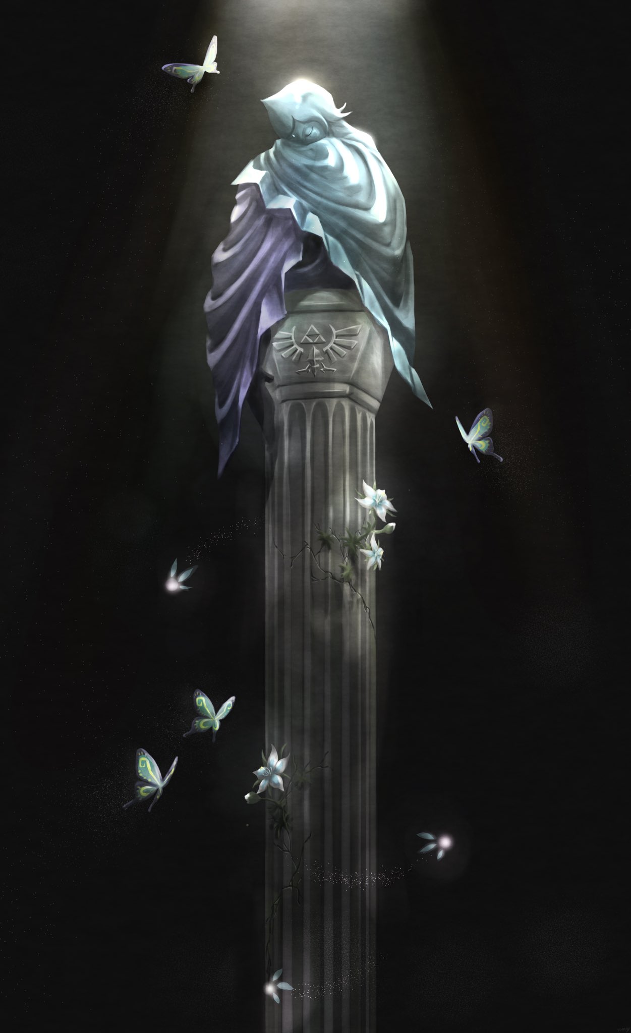 1girl, blue_hair, blue_skin, bug, butterfly, closed_eyes, colored_skin, column