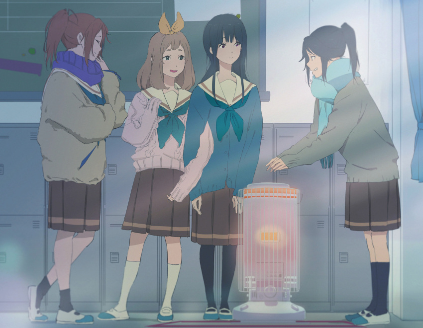 4girls, absurdres, bangs, black_hair, black_legwear, blonde_hair, blue_eyes, blue_hair