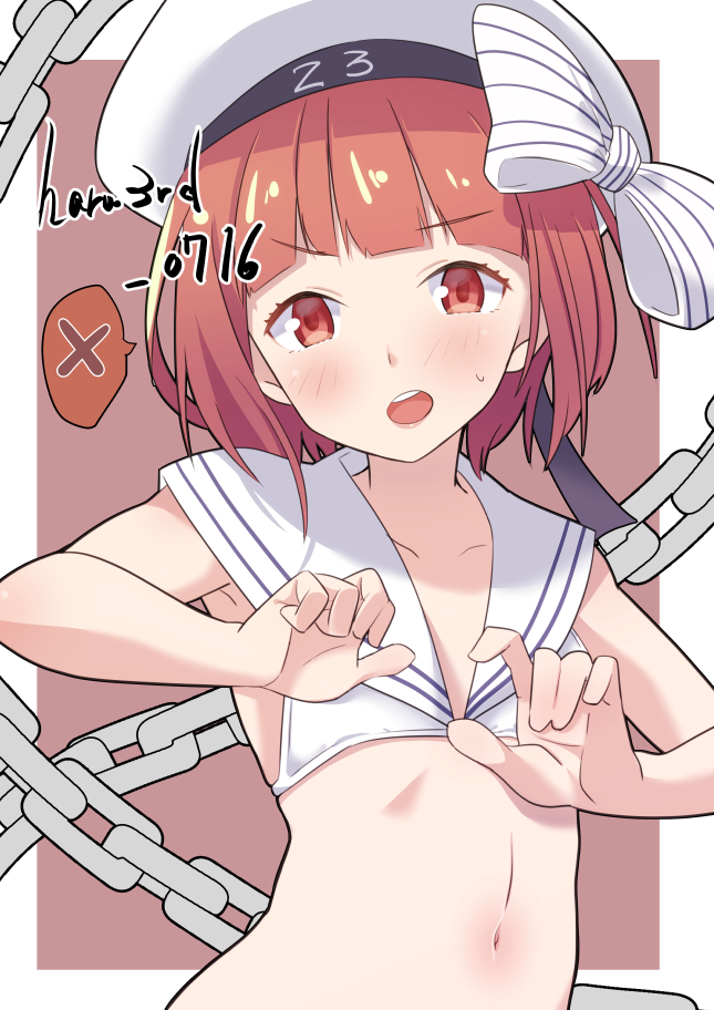 1girl, bikini, blush, brown_eyes, clothes_writing, collarbone, eyebrows_visible_through_hair, hat