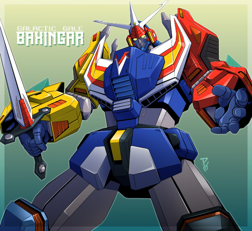 baxingar, copyright_name, english_commentary, ginga_reppuu_baxingar, head_tilt, holding, holding_sword, holding_weapon