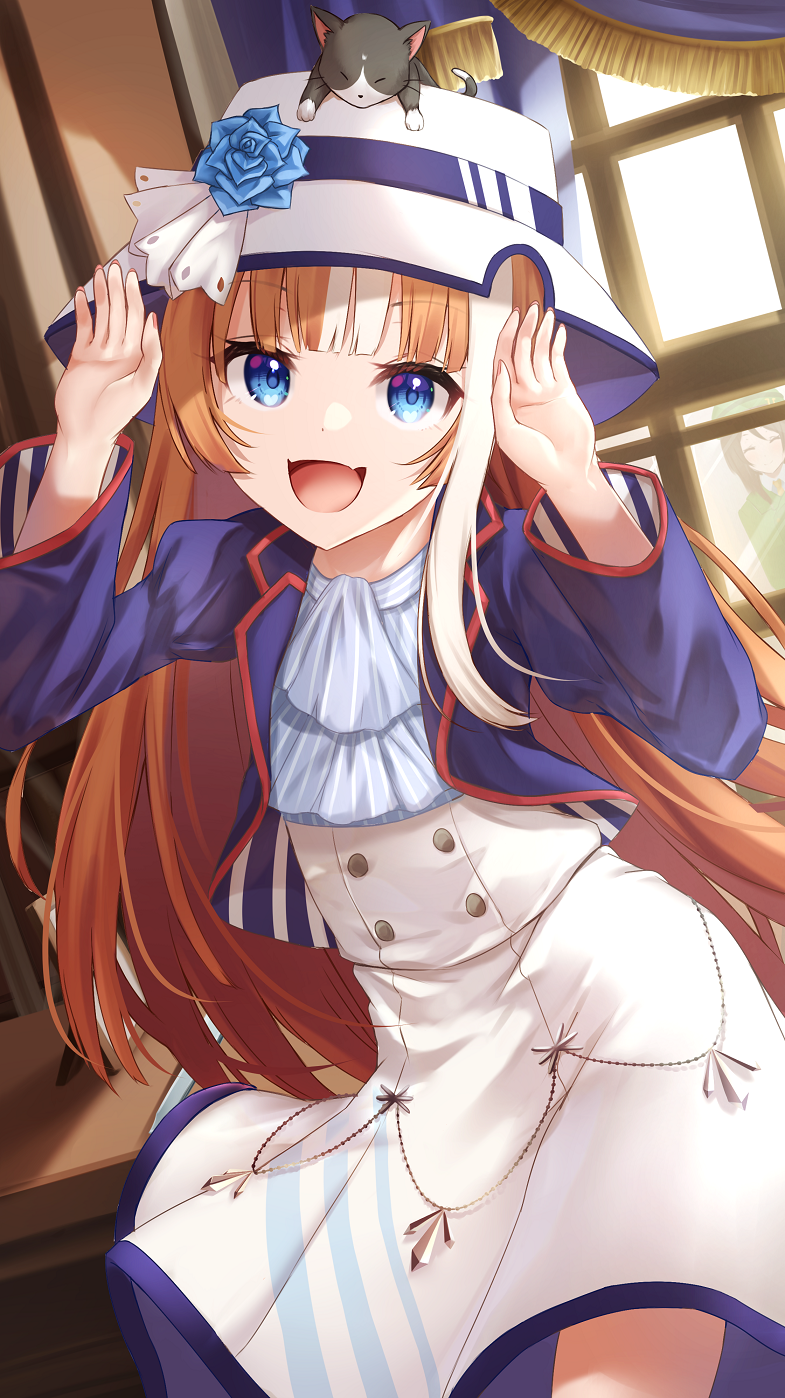 2girls, akikawa_yayoi_(umamusume), blue_eyes, cat, closed_eyes, curtains, dancing, hat, highres, long_hair, looking_at_viewer, merxkialis, multiple_girls, open_mouth, orange_hair, peeking_out, pose, table, uma_pyoi_densetsu, umamusume, when_you_see_it, window