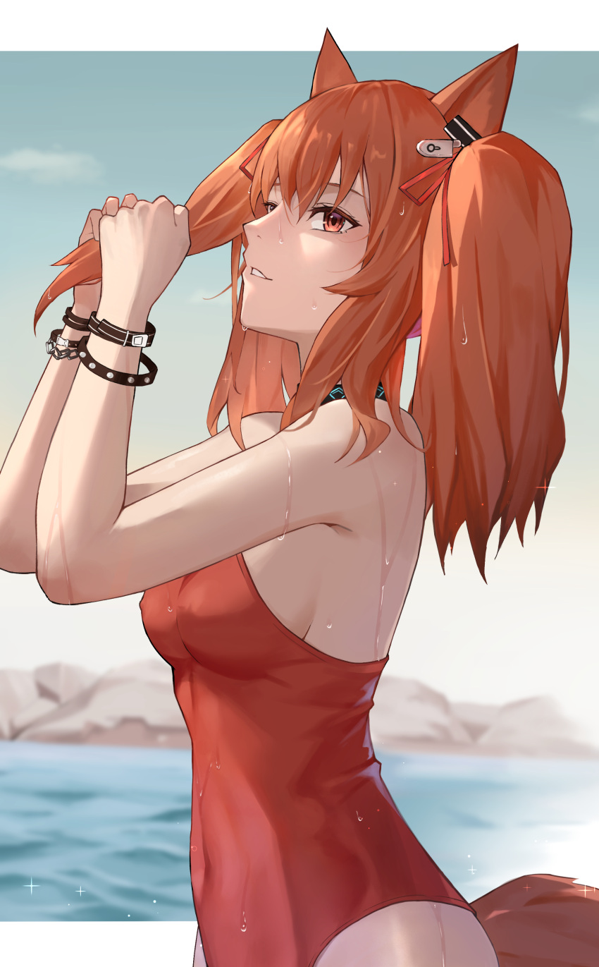 1girl, absurdres, angelina_(arknights), angelina_(summer_flowers)_(arknights), animal_ears, arknights, bare_shoulders, blue_sky