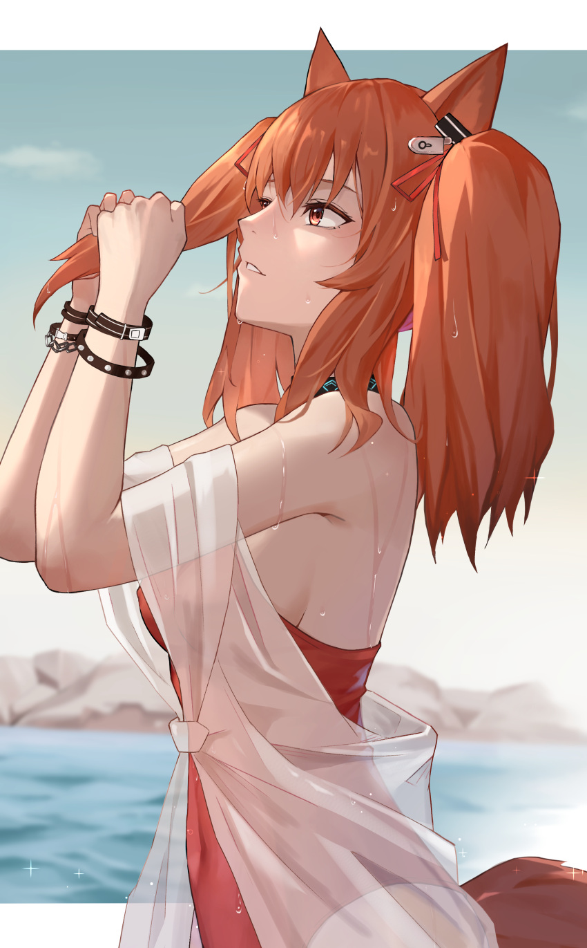 1girl, absurdres, angelina_(arknights), angelina_(summer_flowers)_(arknights), animal_ears, arknights, bare_shoulders, blue_sky